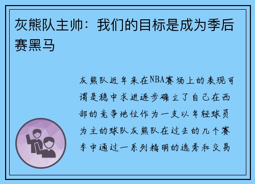 灰熊队主帅：我们的目标是成为季后赛黑马